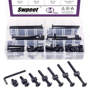 Swpeet 84Pcs Black M6  20/30/40/50/60/70/80mm Crib Hardware Screws Kit, Hex Socket Head Cap Cribs Baby Bed Bolt and Barrel Nuts with 1 x Allen Wrench Perfect for Furniture, Cots, Cribs Screws