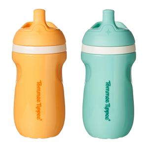 Tommee Tippee Insulated 9oz Sporty Spout Toddler Water Bottle, No Spill, Sippy Cups for Toddlers 13, TwoPiece Valve Helps Stop Spills, Light Blue & Orange, BPA Free, Pack of 2