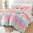 Smoofy Fluffy Full Size Comforter Set, Faux Fur Rainbow Comforter Set, Luxury Fuzzy Bedding Set, Soft Shaggy Full Bed Set for All Season, 3 Pieces - 1 Comforter & 2 Pillowcases (Multi Pink)