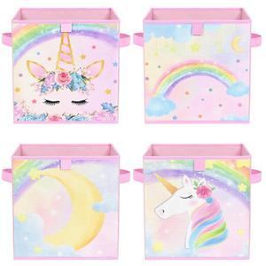 WERNNSAI Cube Storage Bins - 4 Pack Fabric Foldable Storage Cube Organizer for Kids Decorative Storage Baskets with Handles 11" x 11" Home Closet Nursery Room Bedroom (Unicorn)