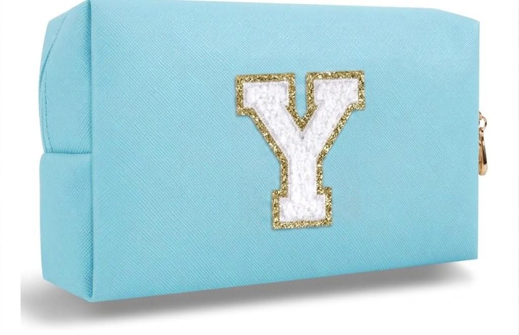 Small Personalized Letter Makeup Bag, Cute PU Leather Chenille Letters Cosmetic Bag Travel Makeup Pouch, Preppy Travel Organizer Zipper Pouch for Women&GirlsBlue-Y
