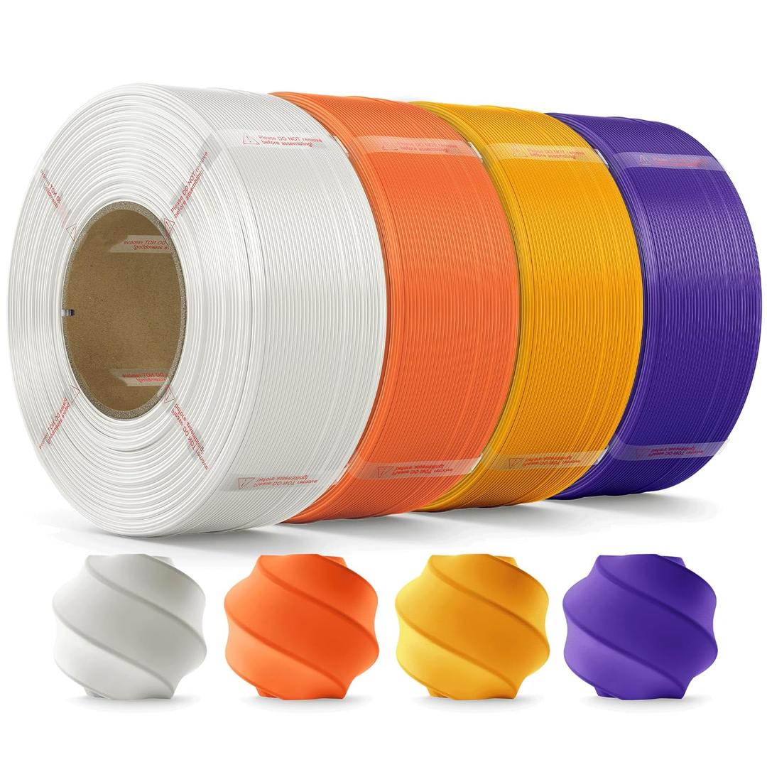 MarsWork PLA Filament 1.75mm PLA 3D Printer Filament(Refill), 4kg Refill for Reusable Spools(8.8lbs), Premium Quality 3D Printing Filament for Bambu lab 3D Printers, White+Orange+Dark Yellow+Purple