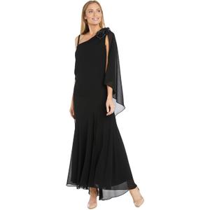 R&M Richards Women's Evening Gown W/Flowing Chiffon Capelet & Floral Accent - Formal Maxi Dress for Special Occasions (Black, XL)
