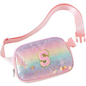Fanny Pack for Girls,Birthday Easter Gifts,Chenille Initial Letter Girls Crossbody Bag,Preppy Teen Belt Bag for Graduation Travel Gifts,Cute Sequin Trendy Stuff. (S, Pink)