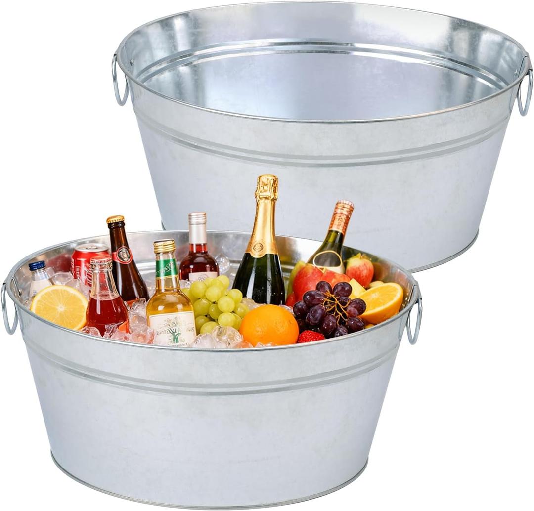 2 PCS 15.3 x 11.7 inch Oval Galvanized Tub with Handles, 3.5 Gallon Metal Ice Bucket, Large Metal Drink Buckets for Wine, Cocktails, Parties, Outdoor Beer Ice Tub
