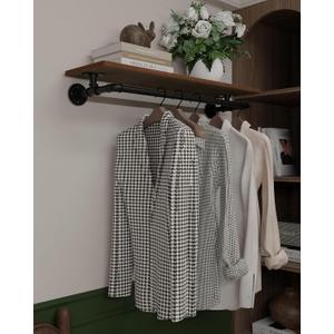 Clothes Rack 36in, Wall Mounted Garment Rack with Real Wood Shelf, Heavy Duty Hanging Clothes Rack, Multi-Purpose Hanging Rod, Space-Saving Closet Storage