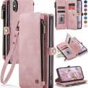 Defencase Compatible with iPhone X/XS Case Wallet with RFID Blocking Card Holder for Women Men, Fashion PU Leather Magnetic Snap Flip Zipper Strap Wallet Phone Case Fit for iPhone Xs & X, Rose Pink