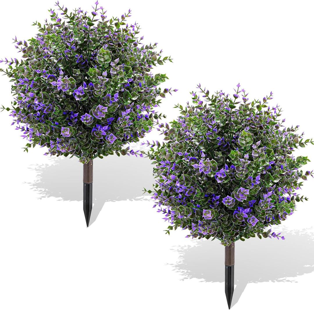 Artificial Boxwood Topiary Ball Trees with Ground Spikes UV Resistant Faux Greenery Shrubs Fake Shrubs for Outdoors, Realistic Faux Plants Bushes for Garden Porch Yard Patio Decor (Purple Green)