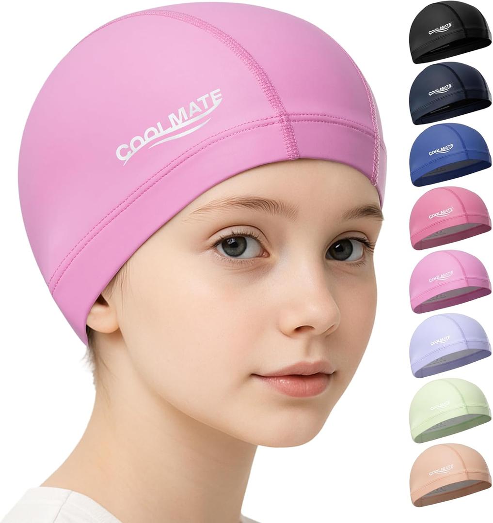 COOLMATE Fabric Swim Cap for Women, Men & Kids Silicone Water Resistant Layer, Lightweight Cloth Cap for Pool & Lap Swimming Non-Slip Comfortable Fit, Gift for Swimmers (1 Pack) (Pink, XS)
