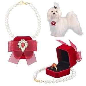 SUPERFINDINGS Pearl Wedding Dog Collar with Ring Box Cat Collar Red Velvet Ring Box Wedding Ring Holder with Pet Collar Rhinestone Couple Ring Bearer Box for Proposal Engagement Wedding 13inch
