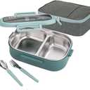 Lille Home 28oz Stainless Steel Leakproof 2-Compartment Bento Lunch Box/Portion Control Food Container with Lunch Bag and Cutlery Set, BPA Free (Green)