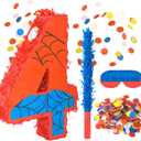 Superhero Birthday Decorations, Number 4 Spider Pinata 16 Inch with Piata Stick, Blindfold, Confetti for Boys and Girls Kids Birthday Party Supplies (4th)