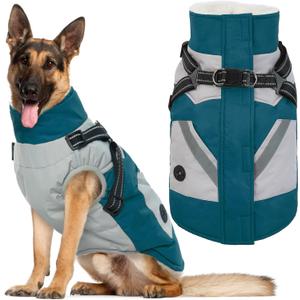 IECOii Dog Winter Coat with Harness Built in, Waterproof Windproof Dog Coats for Large Dogs, Thermal Fleece Cold Weather Jackets with Zip, Outdoor Warm Snow Jacket Reflective, Turquoise Green, XL