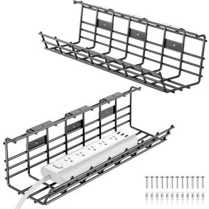 2 Pack DELAMU Under Desk Cable Management Tray, Large Metal Cord Organizer, Office & Home Cord Wire Management Under Desk Shelf, Easy Install Pre-drilled Cable Organizer, Black