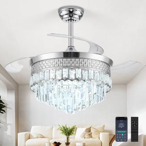 42" Fandelier Ceiling Fan with Lights,Crystal Retractable Ceiling Fan with Light,Chandelier Fans for Bedroom,Living Room,Reverse Motor,6 Speeds,3 Color Temperatures,Remote & APP Control-Chrome