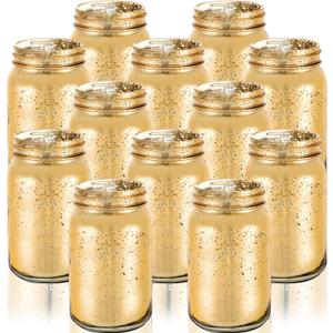 12 Pcs Decorative Mason Jars 16oz Painted Wide Mason Jars for Table Centerpiece DIY Home Decoration Birthday Housewarming Party Wedding Favor(Gold)