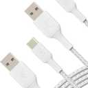 Belkin BoostCharge Braided USB-C to USB-A Charging Cable (3.3ft/1M) for iPhone 17 & 16 Series, Samsung Galaxy S25 Series, Google Pixel 10, iPad Pro, Nintendo Switch 2, Carplay, & More - White (2-Pack)
