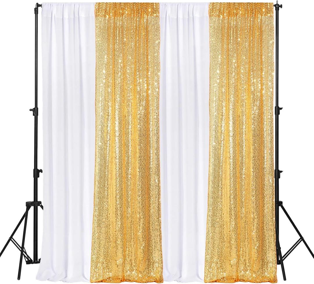 4 Panels Backdrop Curtains 2 Pcs 4 x 10 ft Sequin Glitter 2 Pcs 7 x 10 ft Chiffon Photo Background Curtains for Wedding Birthday Party Decorations(White, Gold)