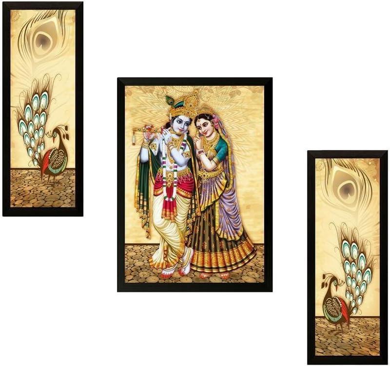 NOBILITY Radha Krishna Framed Painting Set of 3 Wall Art Decor Statue Idol Janmashtami Decoration for Home Living Room Office Wedding Return Gift Items friends family