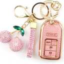 Sparkly Key Fob Cover with Cherry Keychain, Bling TPU Smart Key Case for Women, Compatible with Honda Accord Civic Pilot,Passport,Insight JED Crider Spirior Odyssey (5-Button, Gold Pink)