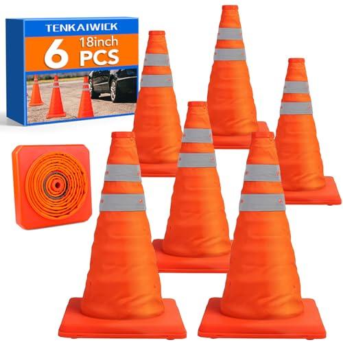 TENKAIWICK 18 Inch 6 Pack Traffic Cones,Collapsible Safety Cones,Multi Purpose Pop-up Cones with Reflective Collar,Orange Cones for Parking lot, Driveway, Driving Training etc