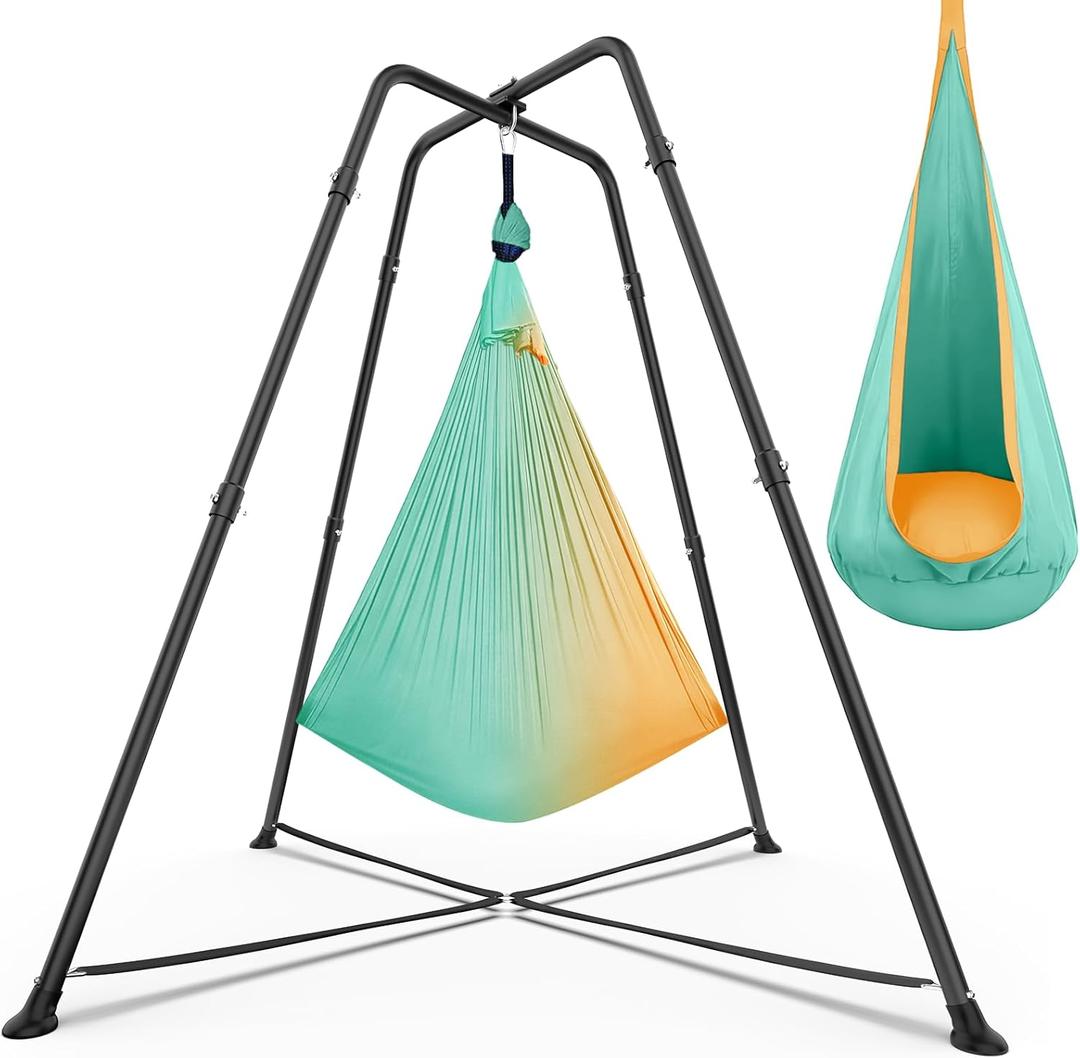 Swing Stand with Sensory Swing, Swing Frame with Pod Swing, X-Shaped Swing Set, Metal Swing Chair with Stand for Adults Indoor and Outdoor 330LBS (Mint Green Gradient)