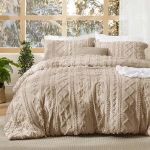 Bedsure Tufted Boho Comforter Set King Size - Khaki Boho Bed Set, GentleSoft™ 3 Pieces Farmhouse-Style Embroidery Bedding, Gifts for Woman, Soft Jacquard King Comforter for All Seasons