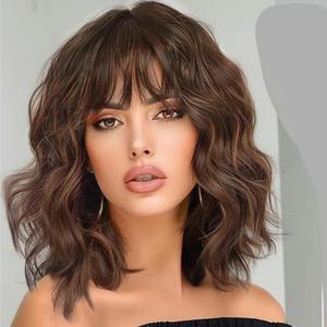 Lativ Brown Highlight Wigs for Women Short Wavy Curly Bob Wig with Bangs Shoulder Length 14 Inches Synthetic Hair for Daily Party Use