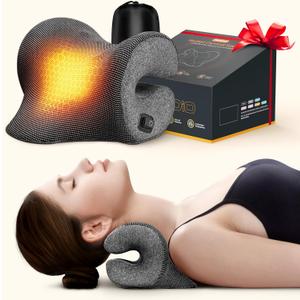 Deep Heated Neck Stretcher with Graphene Heating Pad, Odorless Neck Cloud Cervical Traction Device for Pain Relief, Chiropractic Pillow for Neck & Shoulder Comfort, Gift for Women, Men (Gray)