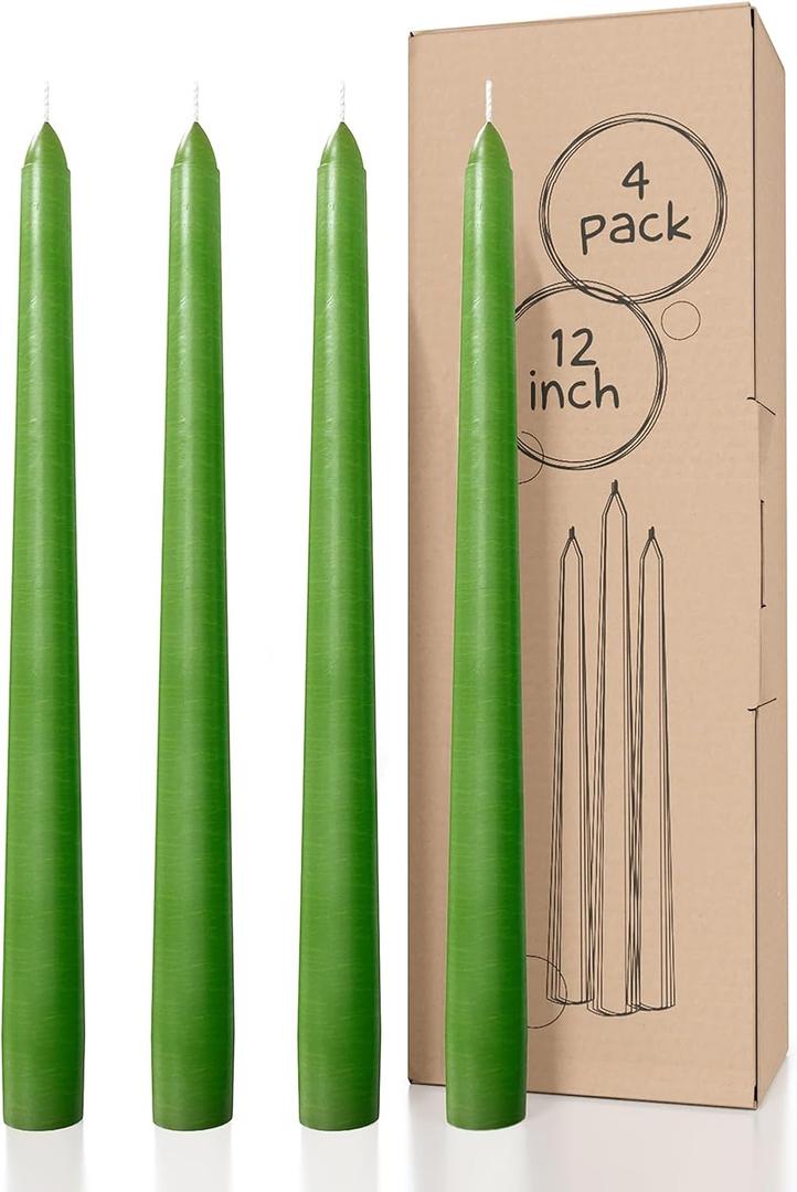 CANDWAX 12 inch Taper Candles Set of 4 - Dripless, Unscented, Long Burning Dinner Candles - Grass Green