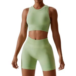 ABOCIW Workout Sets for Women 2 Piece Seamless Ribbed Tank Top Sport Bra High Waist Biker Shorts GYM Yoga Exercise Outfits (Medium, Light Green)