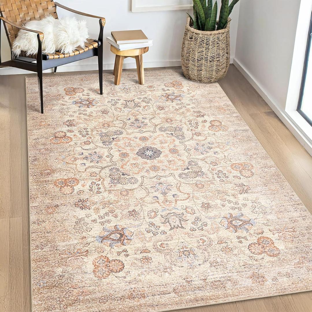 Boho Rug 3x5,Washable Area Rugs for Bedroom Living Room Kitchen Entryway,Small Vintage Bohemian Farmhouse Distressed Oriental Non Slip Carpet,Beige