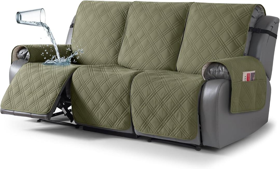 TAOCOCO 100% Waterproof Recliner Sofa Cover, Non Slip Split Couch Covers for Reclining Couches with Straps, Washable Reclining Sofa Cover Furniture Protector for Kids Pets(3 Seater, Green)