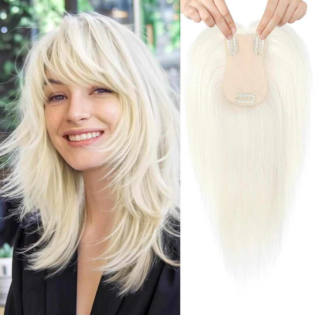 FLUFYMOOZ 100% Real Human Hair Toppers, 12 Inch Human Hair Toppers for Thinning Hair Large Hand-woven Area 360 Coverage Natural Hairpiece Wiglet for Women Daily 5"x3" Silk Base (Pale Platinum Blonde)