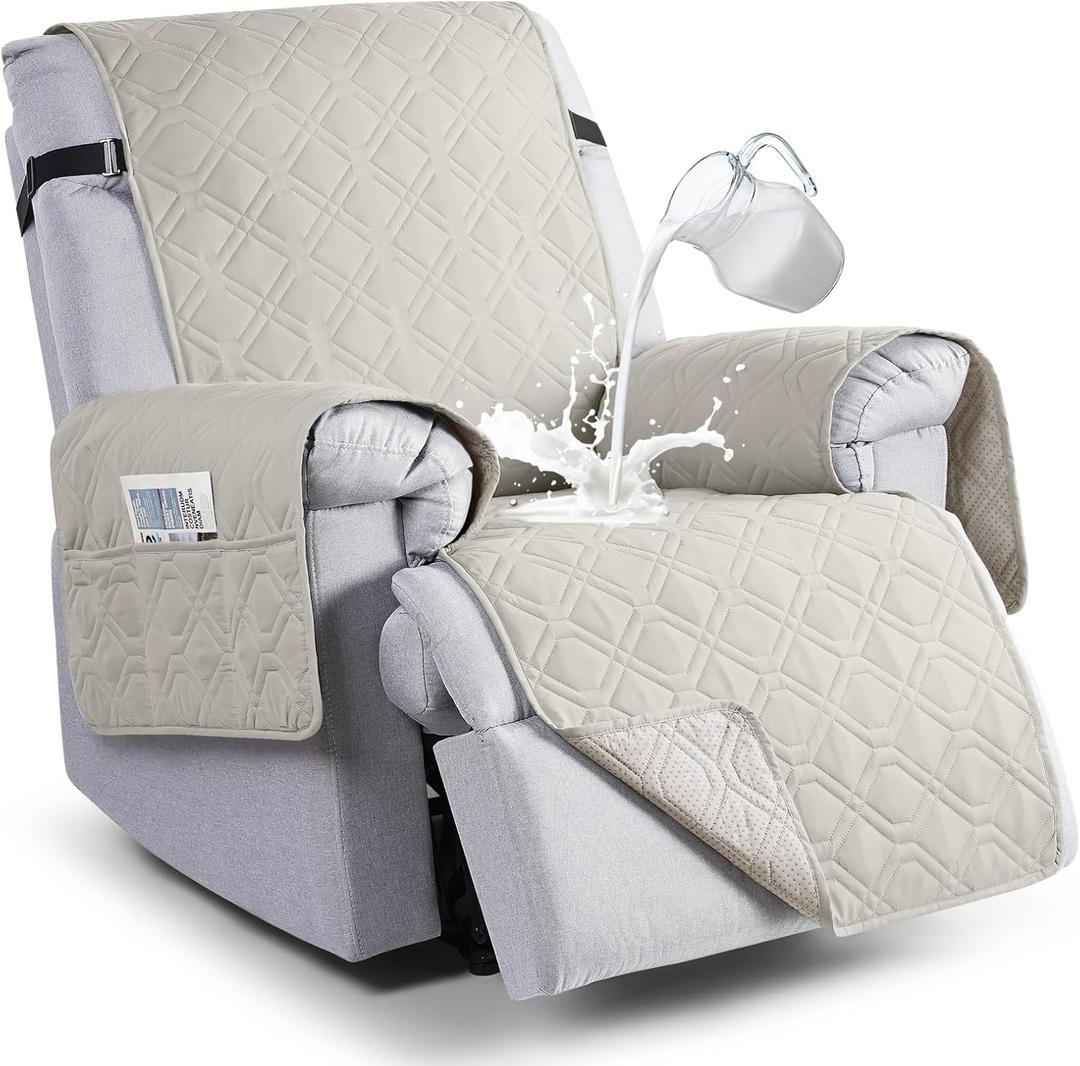 VANSOFY 100% Waterproof Recliner Chair Covers, Recliner Cover Non-Slip Dog Chair Cover Furniture Protector Washable Slipcover with Pocket, Elastic Straps for Pets, Dogs(Beige, 22")