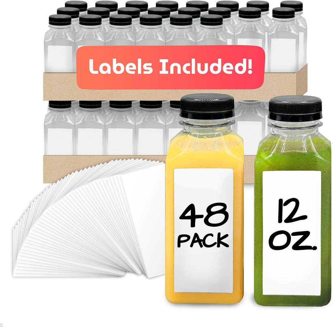 Reli. Plastic Juice Bottles [48 Pack, 12 oz] Square Bottles with Caps & Sticker Labels | Clear, BPA-Free, Disposable & Reusable Containers for Juicing, Smoothies