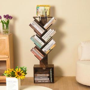 7 Tier Tree Book shelf, Small Bookcase with Reading Planner and Activity Panel, Modern Floor Standing Corner Tall Narrow Storage Cabinet Bookshelves for Home Office Bedroom Living Room (Rustic Brown)