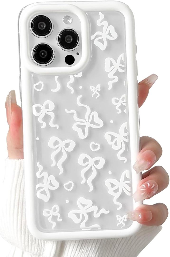 Lovmooful Compatible for iPhone 15 Pro Max Case Cute Clear Bow Bowknot with More Bumper Protector for Girls Women Soft TPU Shockproof Protective Girly for iPhone 15 Pro Max-White Bow