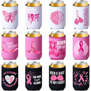 Shellwei 5 Pcs Breast Cancer Awareness Can Cooler Sleeves, Pink Ribbon Beer Coolies Cover Can Beverage Coolers Sleeves, Survivor Gift Cancer Awareness Accessories for Women Party Supplies