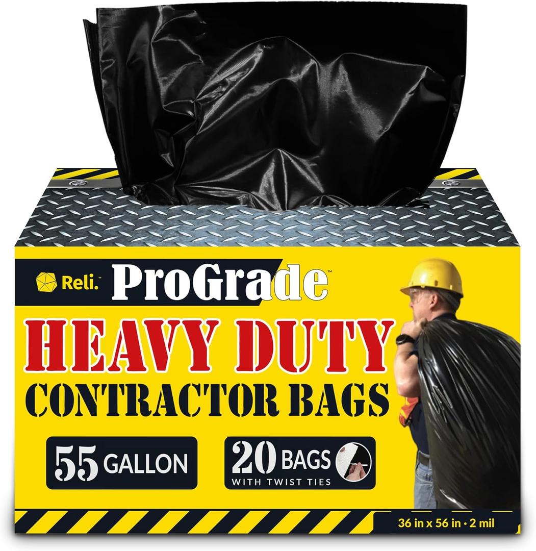 Reli. Contractor Garbage Bags 55 Gallon | 20 Trash Bags | Heavy Duty | Black Contractor Reli. Contractor Garbage Bags 55 Gallon | 20 Trash Bags | Heavy Duty | Black Contractor