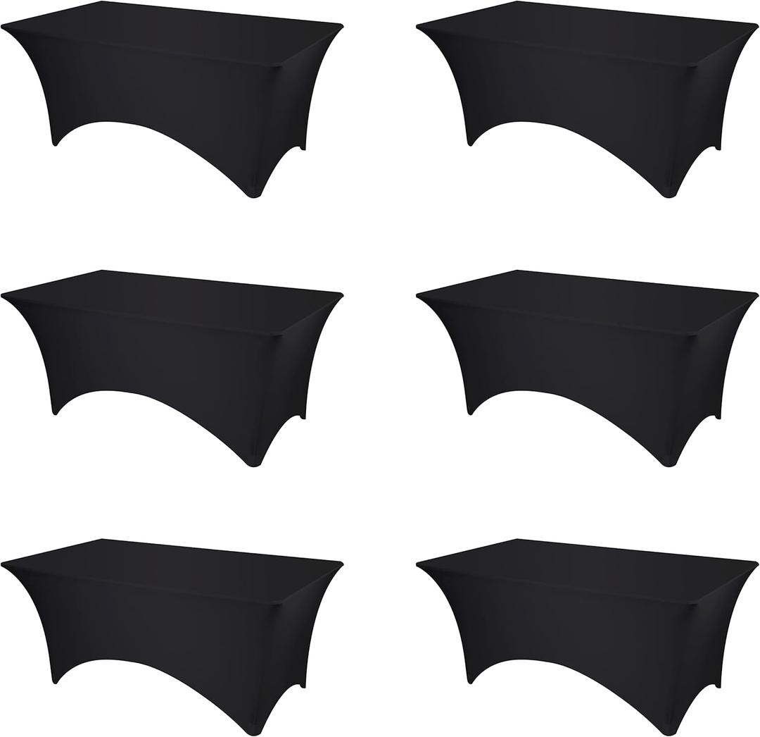 BRILLMAX 6 Pack Black Spandex Table Covers for 6 Ft Rectangle Tables - 180 GSM Thick Stretch Tablecloth Fitted, Reinforced Foot Pockets, Wrinkle Free Cloth for Wedding Banquet Party Trade Show