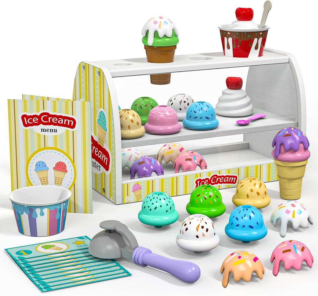 Ice Cream Play Set for Kids - Gifts for 2 3 4 Year Old Girls, Ice Cream Toy Counter Shop Pretend Play Food with Apron, Scoop, Menu, Fake Money, Toys Gifts for Boys Toddlers Ages 2-4 3-5
