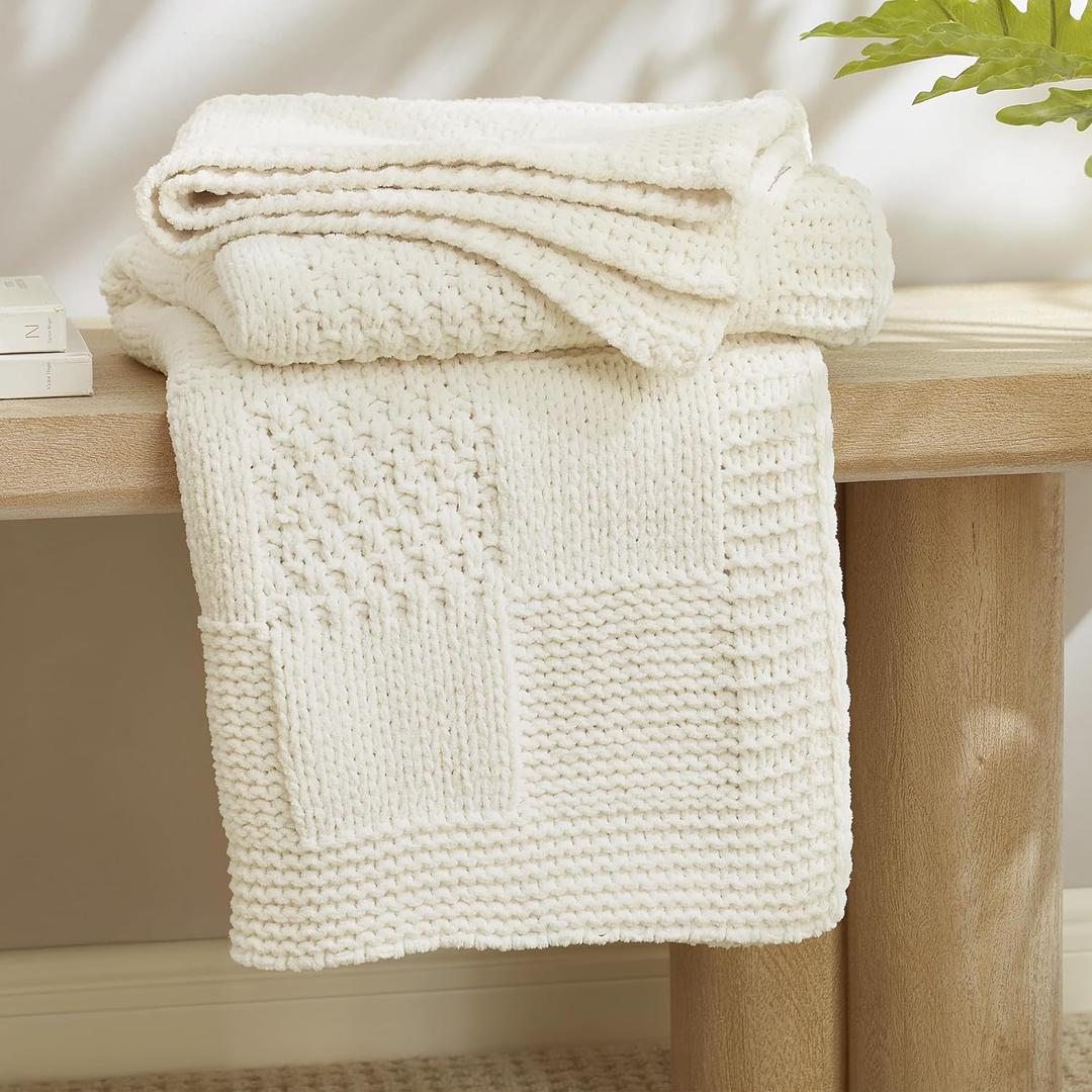 Amlie Home Checkered Chenille Knit Throw Blanket for Couch, Classic Texture Decorative Soft Blanket for Sofa, Chair & Bedroom, 50"x60", Ivory