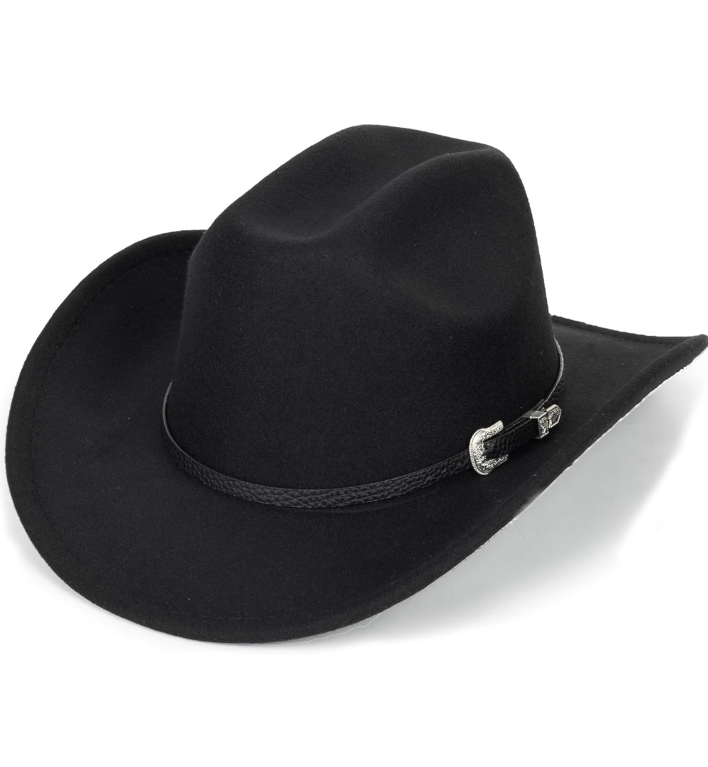 Classic Black Western Felt Roll Up Brim Cowboy and Cowgirl Hat for Women and Men - Decoration with Western Belt Bukle