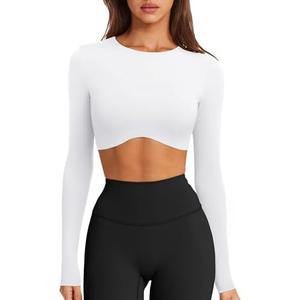 LASLULU Womens Sexy Double Lined Long Sleeve Shirts Crewneck Workout Tops Athletic Yoga Shirts Going Out Crop Tops.M