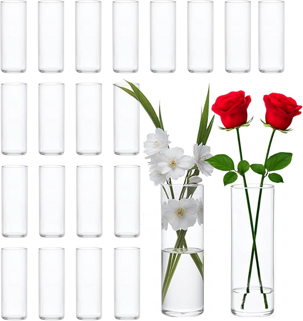 20 Pack 8 Inch Glass Cylinder Vases for Centerpiece, Small Tall Clear Glass Vases Bulk Cylinder Flower Vase for Wedding Table Home Party Decor