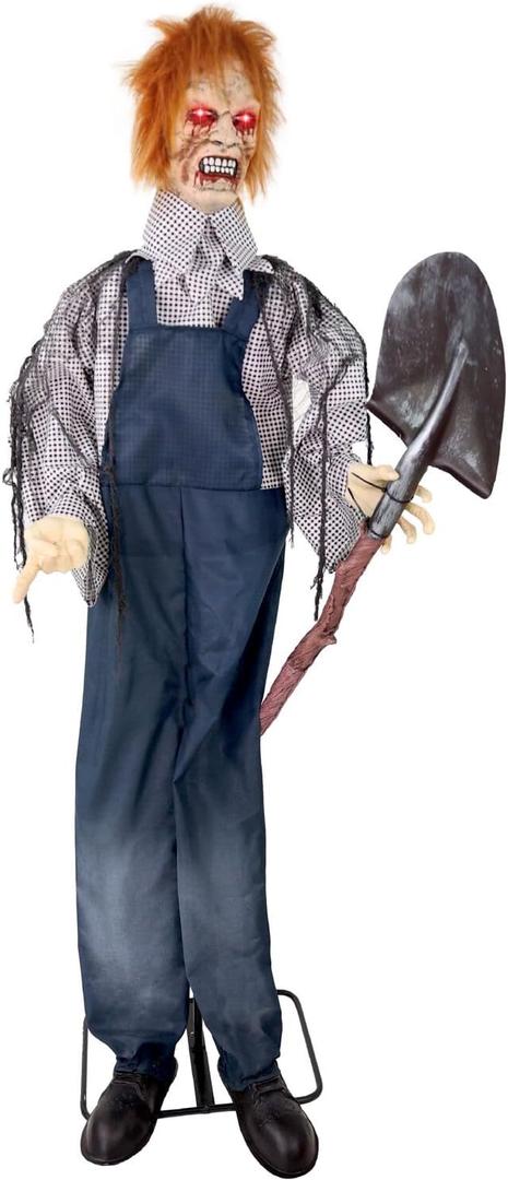 Haunted Hill Farm Lifesize 5.3-Ft Animatronic Talking Grave Digger with Shovel with Touch Activated Lights and Sound, Battery-Operated Indoor or Covered Outdoor Halloween Decoration