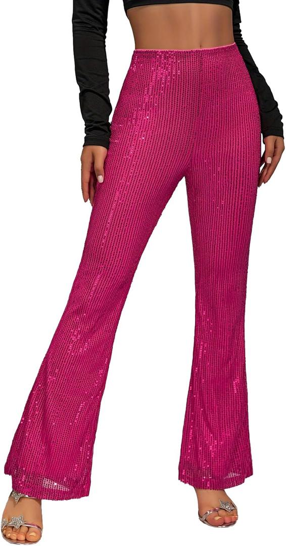 YHYJMY Hot Pink Loose Elastic High Waist Wide Leg Flare Pants Womens Casual Sparkle Sequin Glitter Bling Shiny (A030-Rose/Red-S)