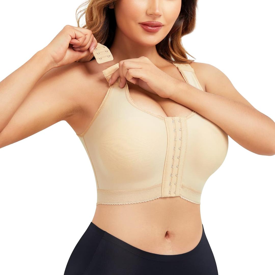 LANCS Adjustable Front Closure Bras for Women Post Surgery Bra Compression Tank Top Posture Corrector Shapewear Top (Large, Beige)