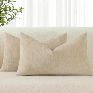 decorUhome Chenille Beige Throw Pillow Covers 12x20 Inch Set of 2, Decorative Soft Couch Pillow Covers Solid Dyed Accent Farmhouse Neutral Rectangle Pillow Cases for Sofa